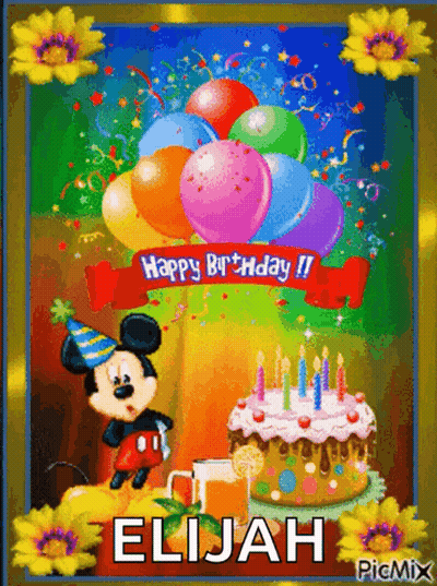 A Birthday Card For Elijah With Mickey Mouse And A Cake GIF