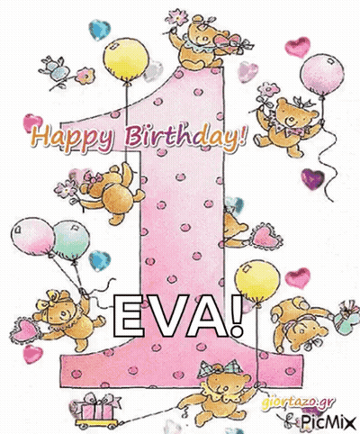 A Birthday Card For Eva With Balloons And Bears GIF