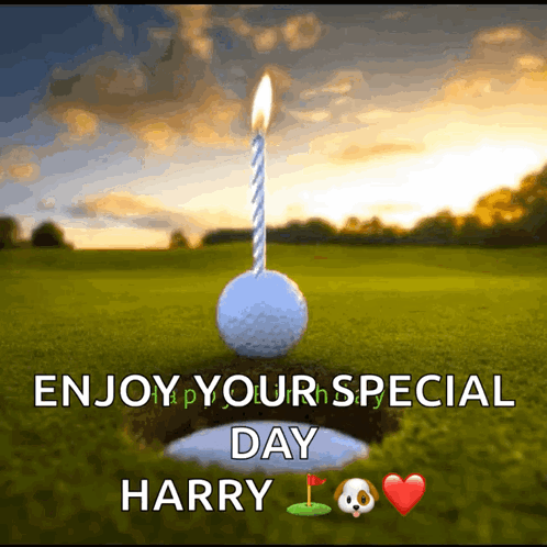A Birthday Card For Harry With A Golf Ball With A Lit Candle GIF