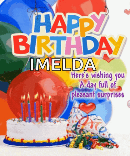 A Birthday Card For Imelda With Balloons And Cake GIF