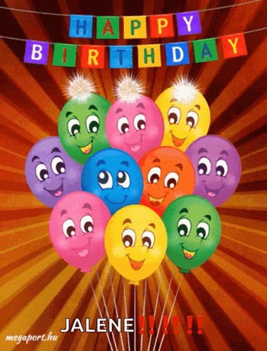 A Birthday Card For Jalene With A Bunch Of Colorful Balloons With Faces On Them GIF