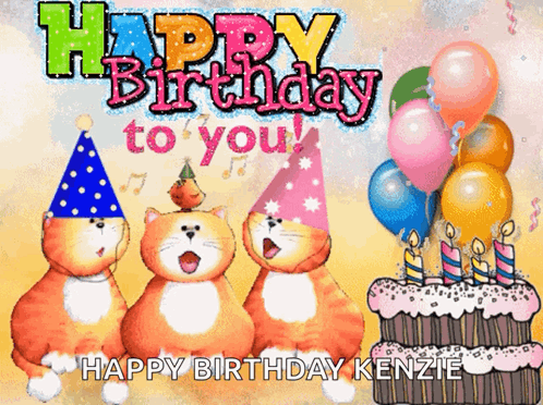 A Birthday Card For Kenzie With Three Cats Singing GIF