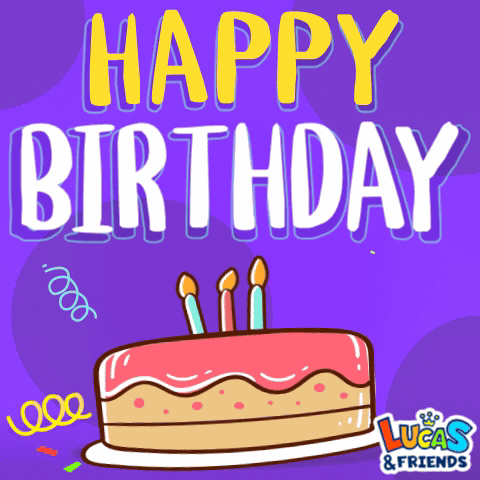 A Birthday Card For Lucas And Friends With A Pink Cake GIF