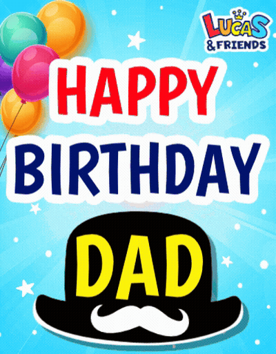 A Birthday Card For Lucas And Friends With Balloons And A Hat GIF
