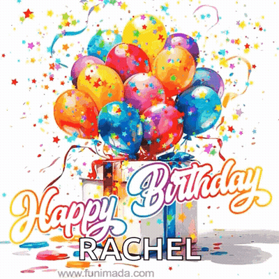 A Birthday Card For Rachel With Balloons And A Gift Box GIF