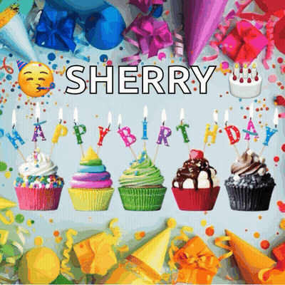 A Birthday Card For Sherry With Cupcakes And Candles On It GIF
