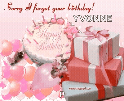 A Birthday Card For Yvonne With A Cake And Balloons GIF