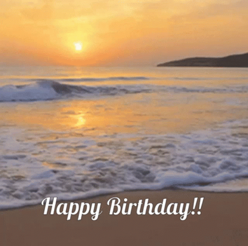 A Birthday Card With A Beach Scene And The Words " Happy Birthday " GIF