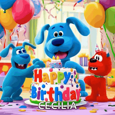 a birthday card with a blue dog and a red dog