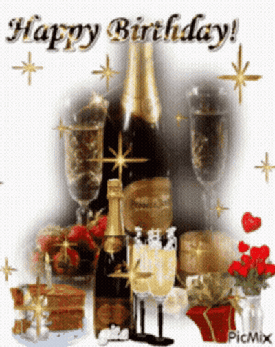 A Birthday Card With A Bottle Of Champagne And Glasses Of Champagne GIF
