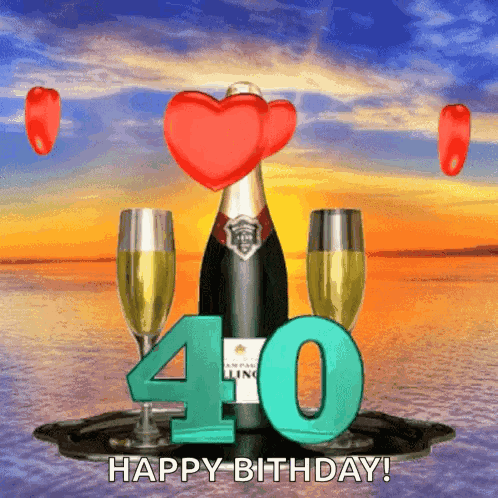 A Birthday Card With A Bottle Of Champagne And Two Glasses And The Number 40 GIF