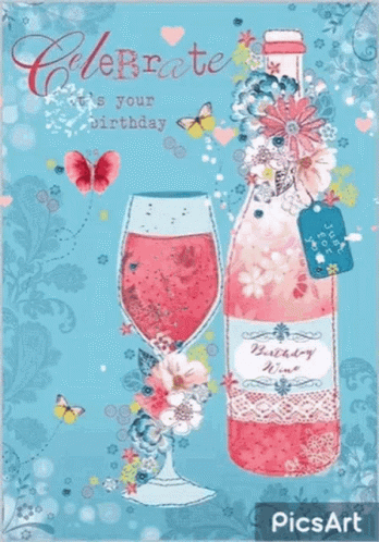 A Birthday Card With A Bottle Of Wine And Two Glasses GIF