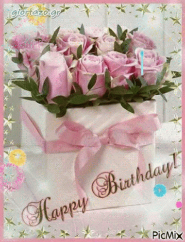 A Birthday Card With A Box Of Pink Roses And The Words Happy Birthday GIF
