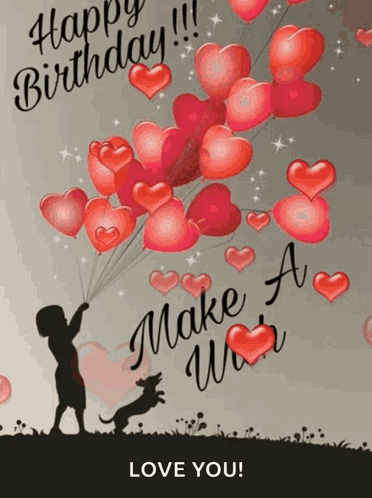 A Birthday Card With A Boy Holding A Bunch Of Heart Shaped Balloons And A Dog Jumping In The Air GIF