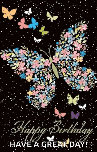 A Birthday Card With A Butterfly Made Of Flowers And Butterflies GIF