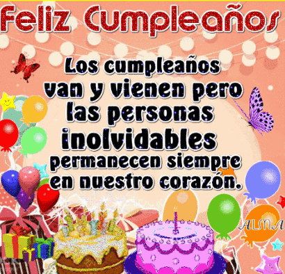 A Birthday Card With A Cake And Balloons And The Words Feliz Cumpleanos GIF