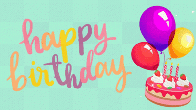 A Birthday Card With A Cake And Balloons And The Words Happy Birthday GIF