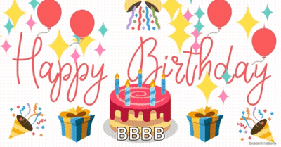 A Birthday Card With A Cake And Balloons Says Happy Birthday Bbb GIF