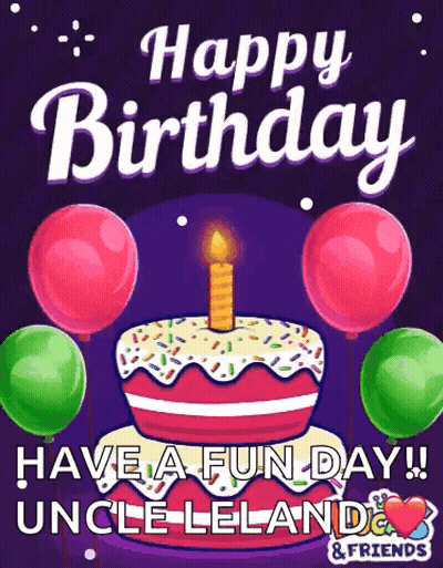 A Birthday Card With A Cake And Balloons That Says Happy Birthday Have A Fun Day Uncle Leland GIF