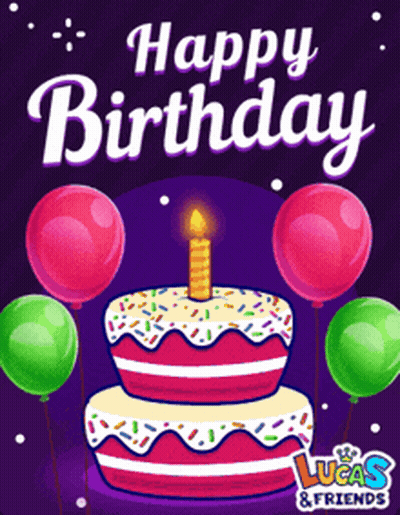 A Birthday Card With A Cake And Balloons That Says Lucas & Friends GIF