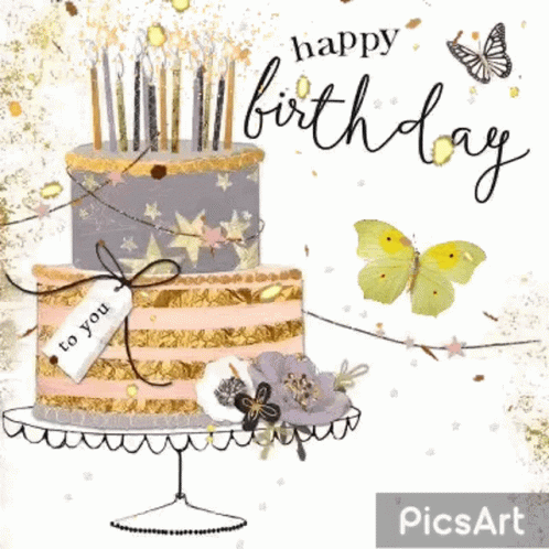 A Birthday Card With A Cake And Candles And Butterflies . GIF