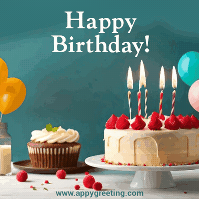 A Birthday Card With A Cake And Cupcakes And The Words Happy Birthday GIF