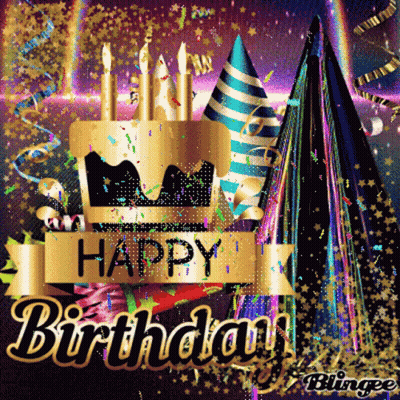 A Birthday Card With A Cake And Party Hats And The Words Happy Birthday GIF