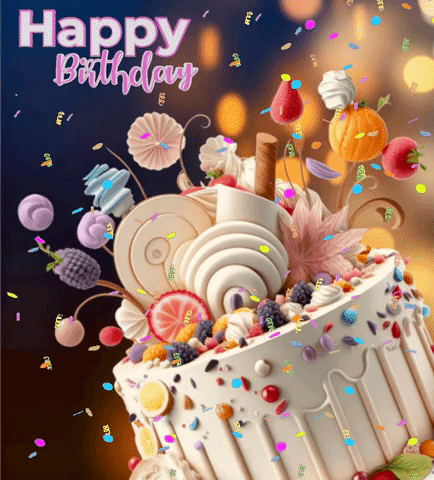 A Birthday Card With A Cake And The Words Happy Birthday On It GIF