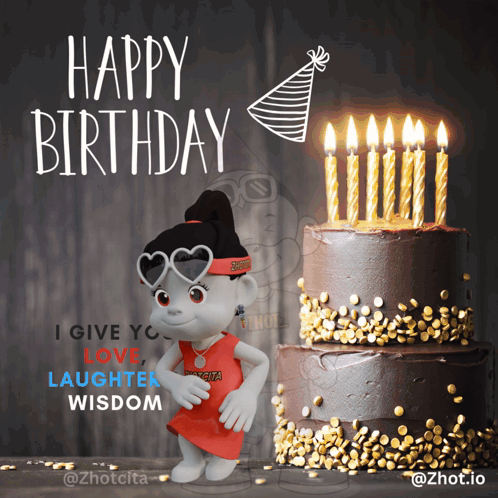 A Birthday Card With A Cartoon Character And A Cake With Candles GIF