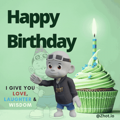 A Birthday Card With A Cartoon Character And A Cupcake With A Candle GIF