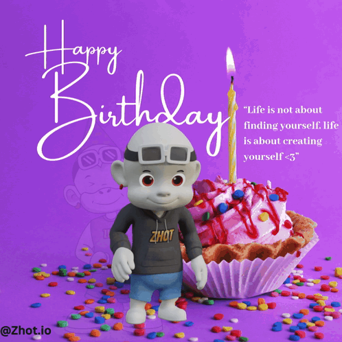 A Birthday Card With A Cartoon Character And A Cupcake With A Candle GIF