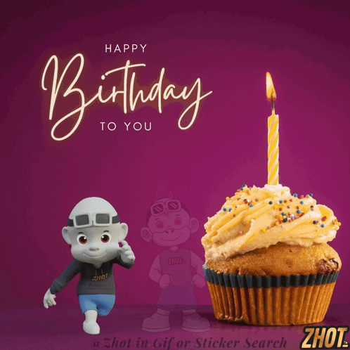 A Birthday Card With A Cartoon Character And A Cupcake With A Candle GIF