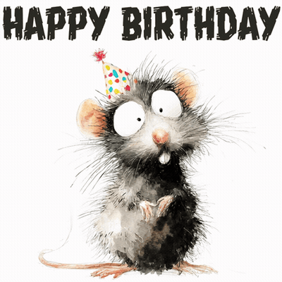 A Birthday Card With A Cartoon Mouse Wearing A Party Hat GIF