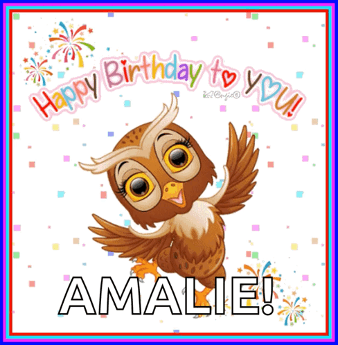 A Birthday Card With A Cartoon Owl And The Name Amalie GIF