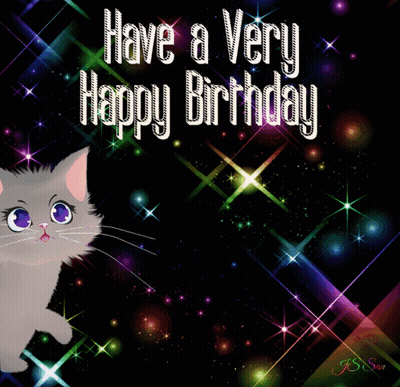 A Birthday Card With A Cat And The Words Have A Very Happy Birthday On It GIF
