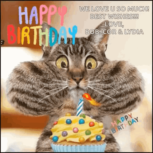 A Birthday Card With A Cat Holding A Cupcake With A Candle On It GIF
