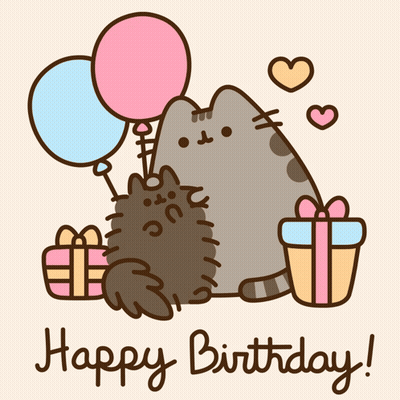 A Birthday Card With A Cat Holding Balloons And Gifts GIF