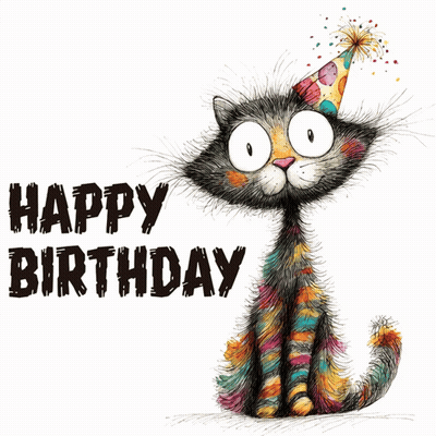 A Birthday Card With A Cat Wearing A Party Hat And Glasses GIF