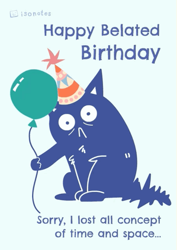 A Birthday Card With A Cat Wearing A Party Hat And Holding A Balloon GIF