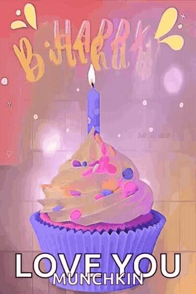 A Birthday Card With A Cupcake And A Candle And The Words `` Love You Munchkin '' GIF