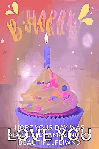 A Birthday Card With A Cupcake And A Candle . GIF