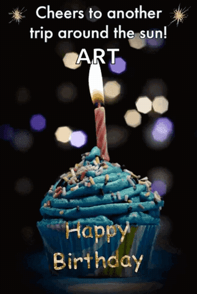 A Birthday Card With A Cupcake And A Candle That Says Cheers To Another Trip Around The Sun Art GIF