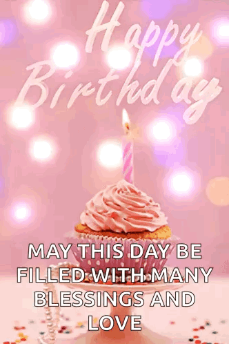 A Birthday Card With A Cupcake And A Candle That Says " May This Day Be Filled With Many Blessings And Love " GIF