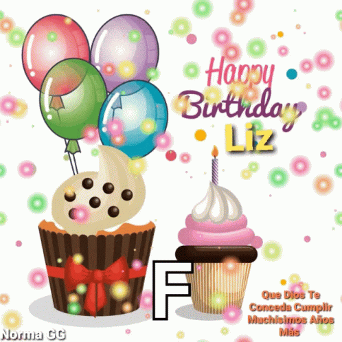 A Birthday Card With A Cupcake And Balloons And The Name Liz GIF