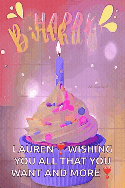 A Birthday Card With A Cupcake With A Candle And The Words Lauren Wishing You All That You Want And More GIF