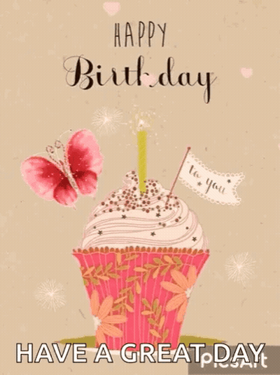 A Birthday Card With A Cupcake With A Candle On Top GIF
