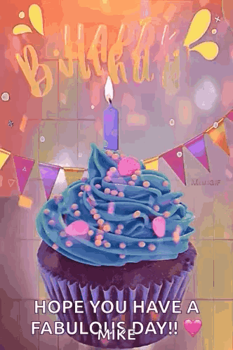 A Birthday Card With A Cupcake With Blue Frosting And A Candle GIF