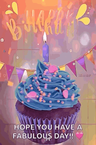 A Birthday Card With A Cupcake With Blue Frosting And A Lit Candle GIF