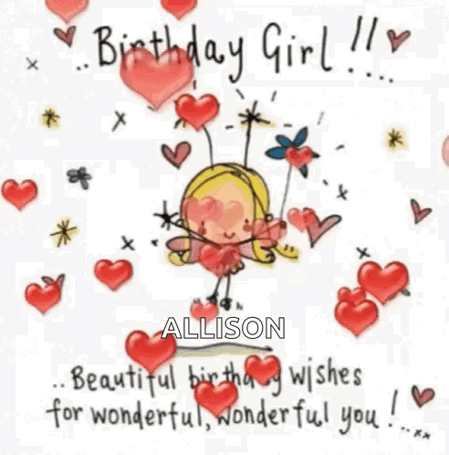 A Birthday Card With A Fairy Surrounded By Hearts And Flowers . GIF