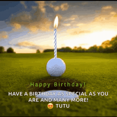 A Birthday Card With A Golf Ball And A Candle GIF